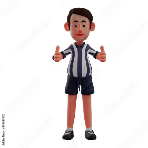   3D illustration. 3D Cartoon Design of Referee showing Two Thumb Fingers. with a cute smile. wear cool outfits. 3D Cartoon Character