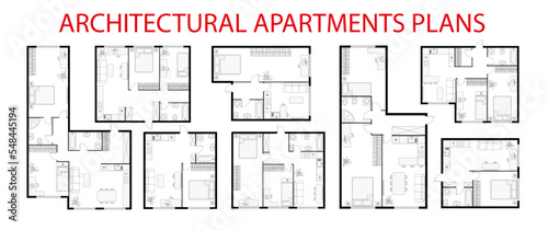 Plan floor apartments set. One, two bedroom apartment. Interior design elements kitchen, bedroom, bathroom with symbols furniture. Vector architecture 2D Studio, condominium, flat floor plan.