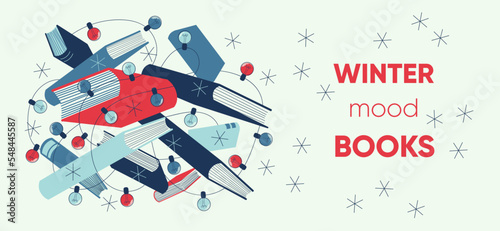 Books, garland and snowflakes, winter banner