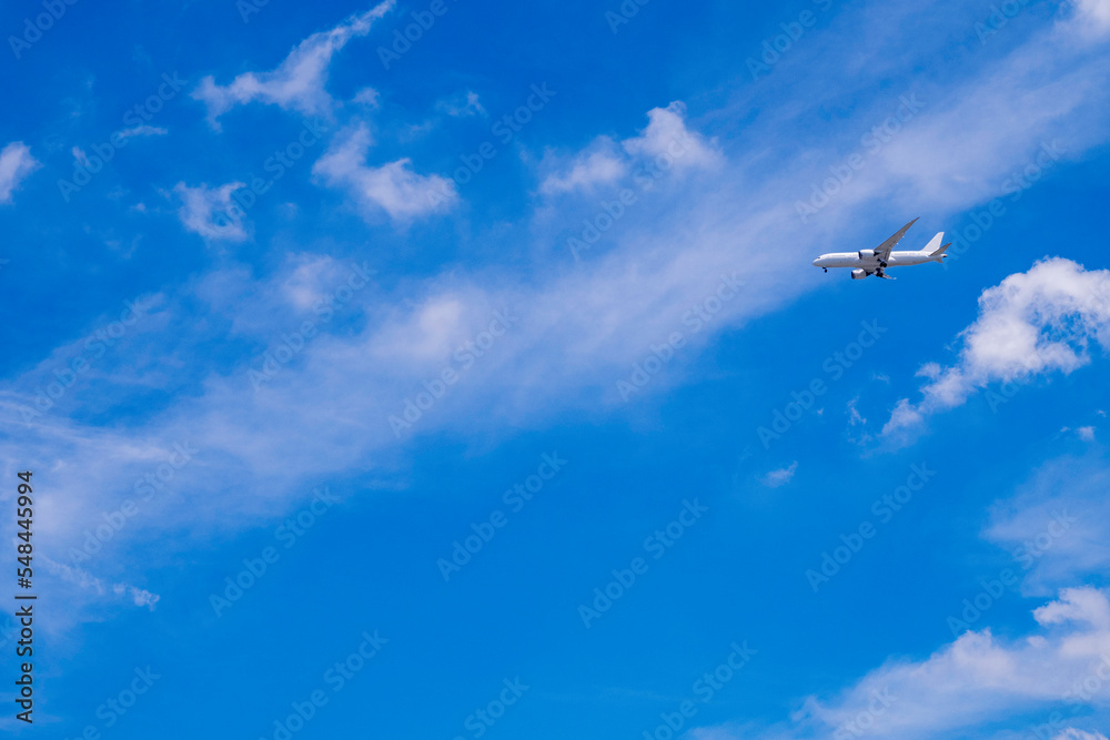 青空を背景に飛行する1機の旅客機