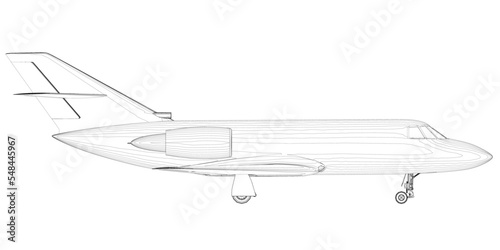 Outline of a passenger plane from black lines isolated on a white background. Side view. 3D. Vector illustration.