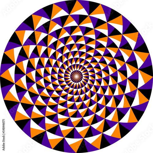 Optical illusion circle of moving colored triangles pattern. Circular template for motion background design.
