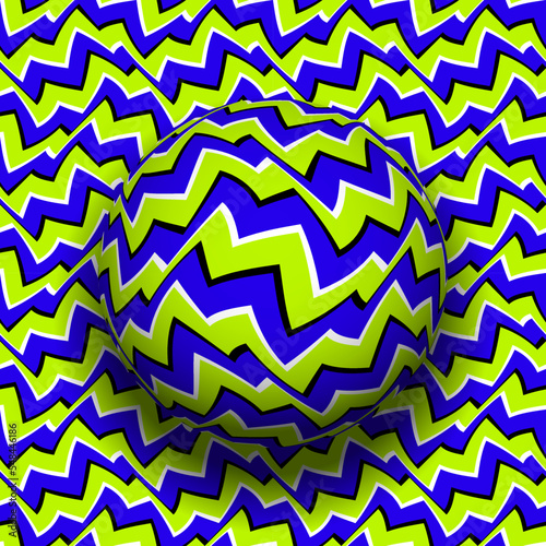 Optical illusion of falling sphere with chaotic striped pattern on same patterned background.