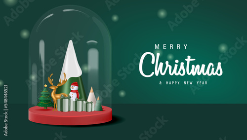 3D Realistic Merry Christmas and Happy New Year Banner with 3D Element Vector Illustration.