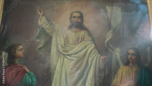 Antique old ancient icon of Jesus Christ in the Orthodox Christian Church in Ukraine.