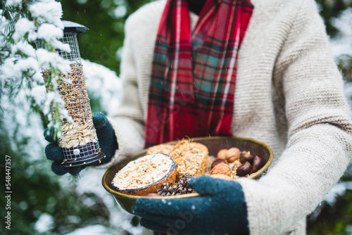 Winter birds feeding. A woman feeds birds in winter.