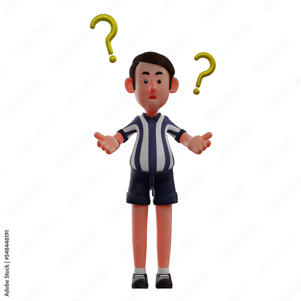 3D illustration. 3D Referee character Cartoon Design has many questions. has the above symbol. Showing a confused expression. 3D Cartoon Character 3D illustration. 3D Referee character Cartoon Design has many questions. has the above symbol. Showing a confused expression. 3D Cartoon Character
