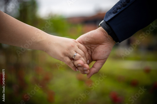 Wedding. Hands of man and woman on dark background on warm soft sunlight. New family is born. High quality photo © Viktorio