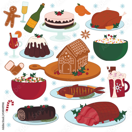 Collage of tasty dishes for Christmas dinner on white background