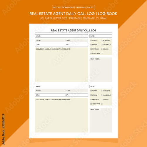 Real Estate Agent Daily Call Log | Real Estate Log Book | Diary Journal | Notebook Printable Template