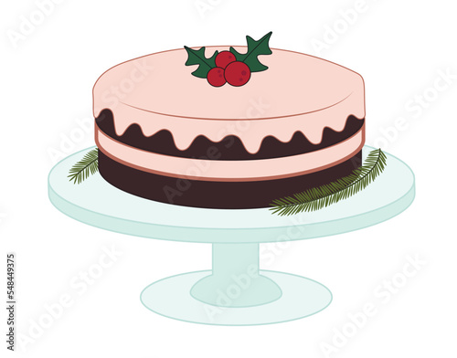 Dessert stand with tasty chocolate Christmas cake on white background