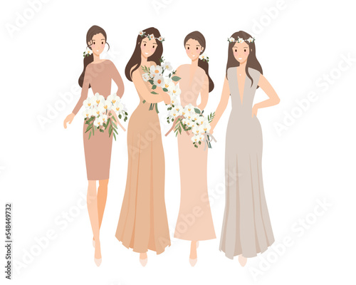 beautiful happy bride and bridesmaid in light beige creme gown wedding ceremony