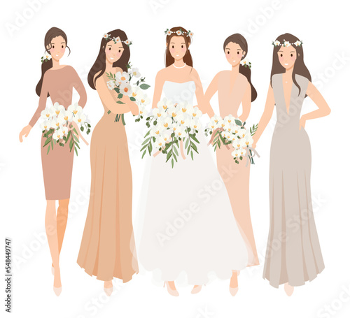 beautiful happy bride and bridesmaid in light beige creme gown wedding ceremony