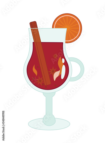 Glass cup of aromatic mulled wine on white background