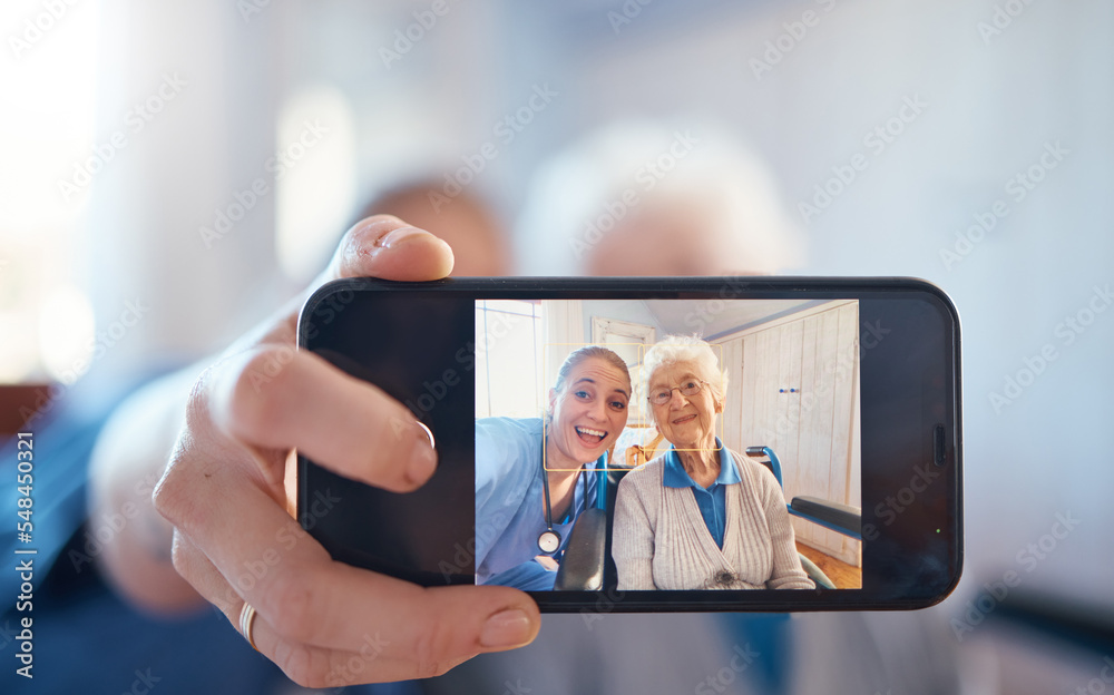 Phone, nurse and happy old woman take a selfie on screen after consulting with medical doctor. Photo, caregiver and healthy senior person in retirement take pictures for social media in nursing home