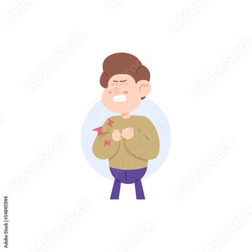 chest pain, symptoms of heart and lung disease. shortness of breath and heart attack. a man holds his chest because it hurts, it's hot, and it's hard to breathe. health problems. illustration concept 