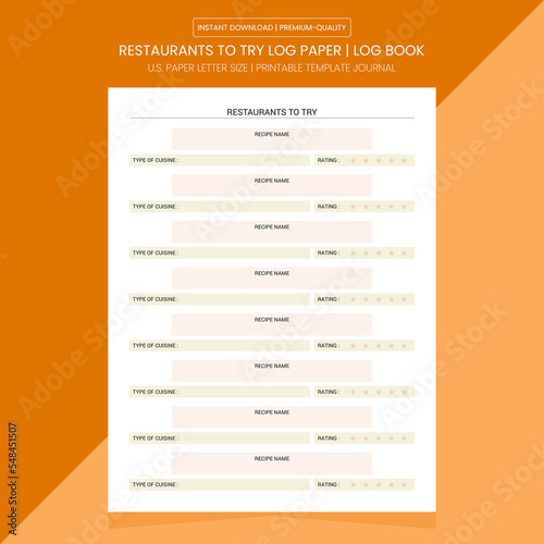 Restaurants To Try Log Book | Restaurants To Try Diary Journal | Notebook Printable Template