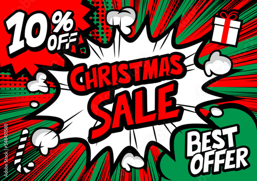 10%off Christmas sale typography pop art background, an explosion in comic book style.