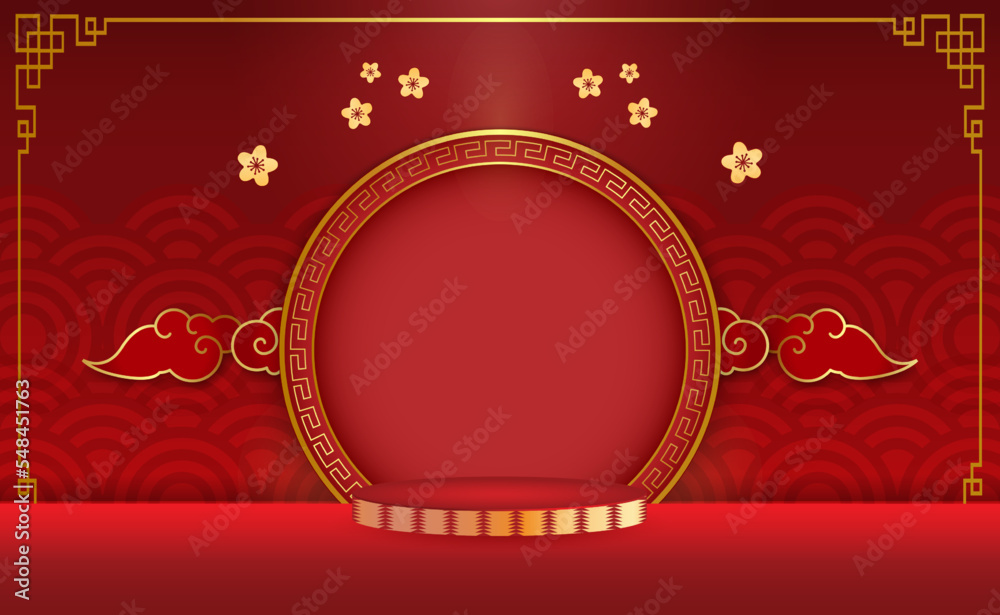 Red chinese new year podium display with copy space in golden frame Red chinese new year podium display with copy space in golden frame