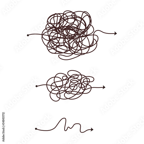 Simple line and complex easy way. Scribble doodle chaos mindset. Problem solving, difficult line. Vector hand drawn concept path