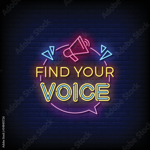 Neon Sign find your voice with brick wall background vector