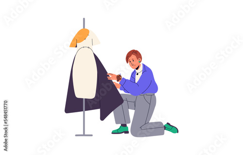 Tailor, fashion designer works with fabric on mannequin. Dressmaker designing clothes, draping textile on dummy. Seamstress creating apparel. Flat vector illustration isolated on white background