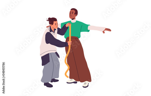 Tailor at work. Dressmaker making measurements for client with measuring tape. Fashion designer, personal needleman and customer man. Flat vector illustration isolated on white background