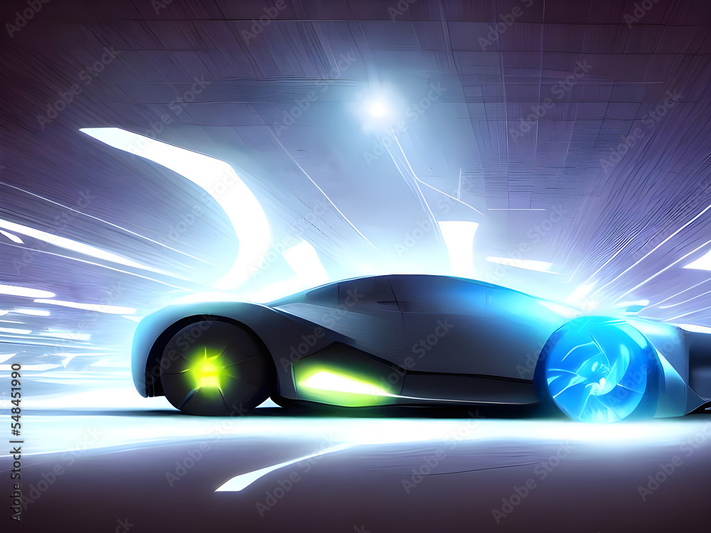 Abstract digital painting of a futuristic car in metaverse with neon colours