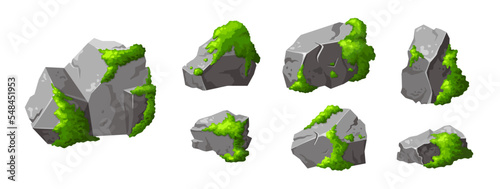 Set forest rock with moss. Gray stone brocken in cartoon. Mountain part of natural design shape. Vector illustration