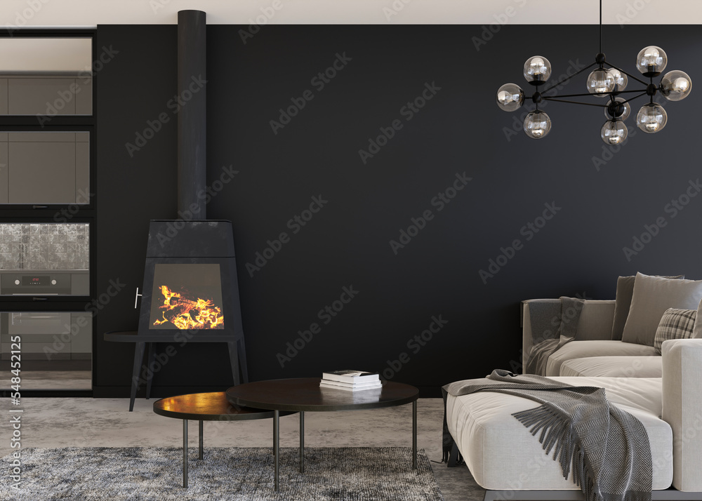 Fototapeta premium Beautiful modern living room with fireplace. Contemporary style interior design. Burning firewood, fire. Cosy, relaxed atmosphere. Sofa, table, concrete floor, stove. Heating with wood. 3D render.
