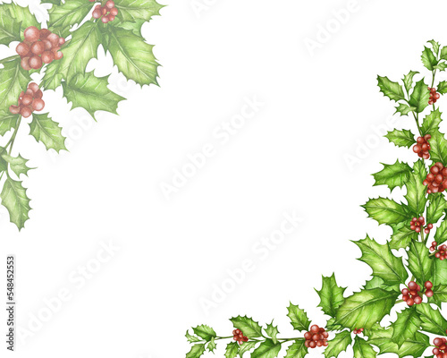 Watercolor colorful floral Set of holly berries. Ilex opaca plant. Christmas branches. Winter botanical. Christmas and New Year symbol decorative frame, border, banner, postcard, invitation. Isolated 