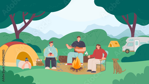 Camping people landscape. Family resting weekend with bbq and fireplace