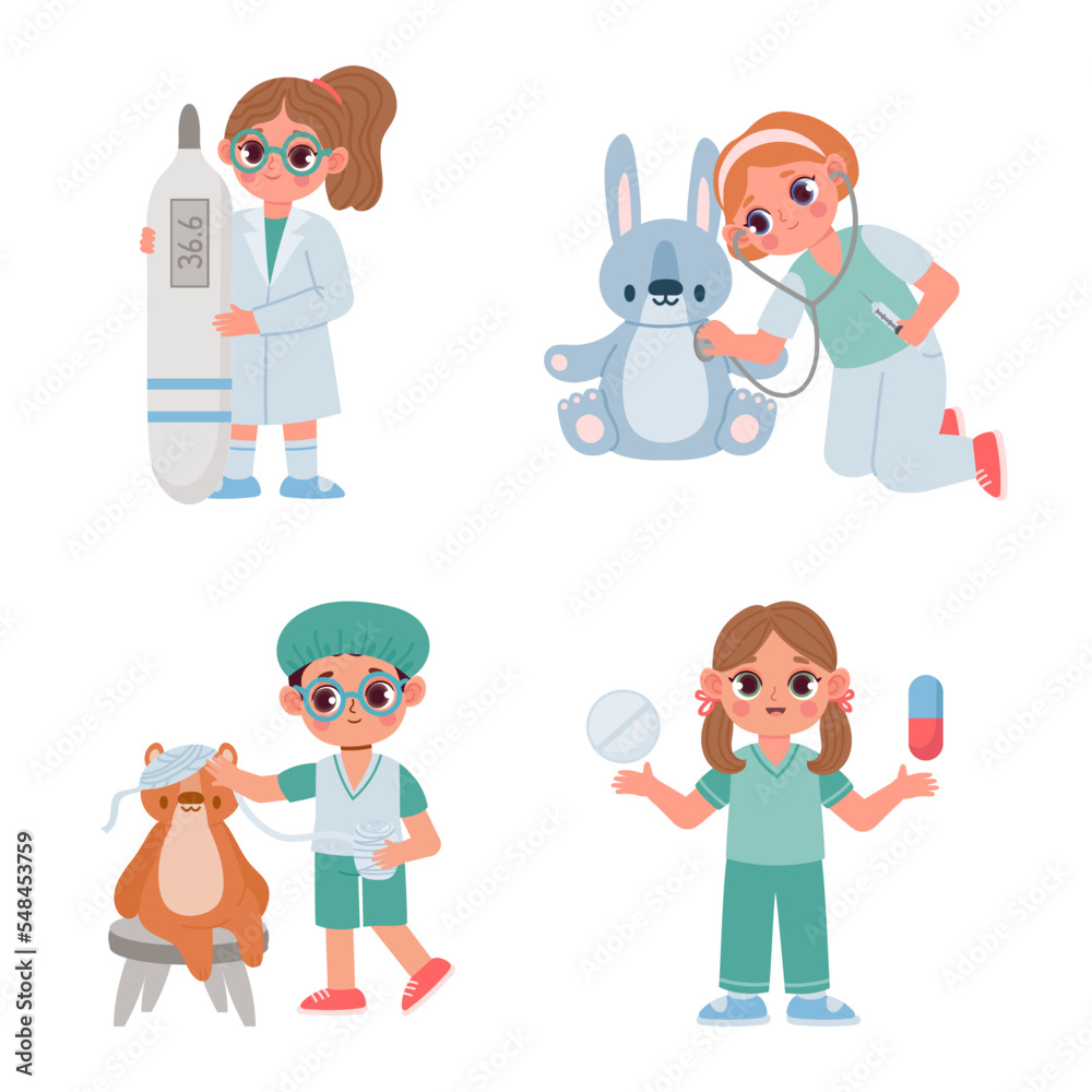 Cartoon kids doctors cure and check with thermometer Cartoon kids doctors cure and check with thermometer