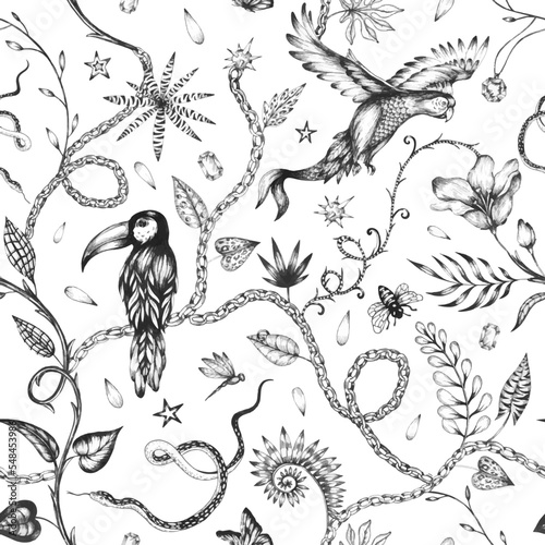 Beautiful vector trendy seamless pattern with hand drawn chimera animals birds insects and fantasy plants. Stock fashionable textile illustration.