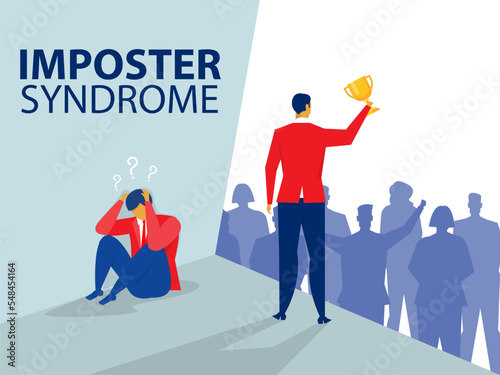 Imposter syndrome.man standing for her present profile with fear shadow behind. Anxiety and lack of self confidence at work; the person fakes is someone else concept