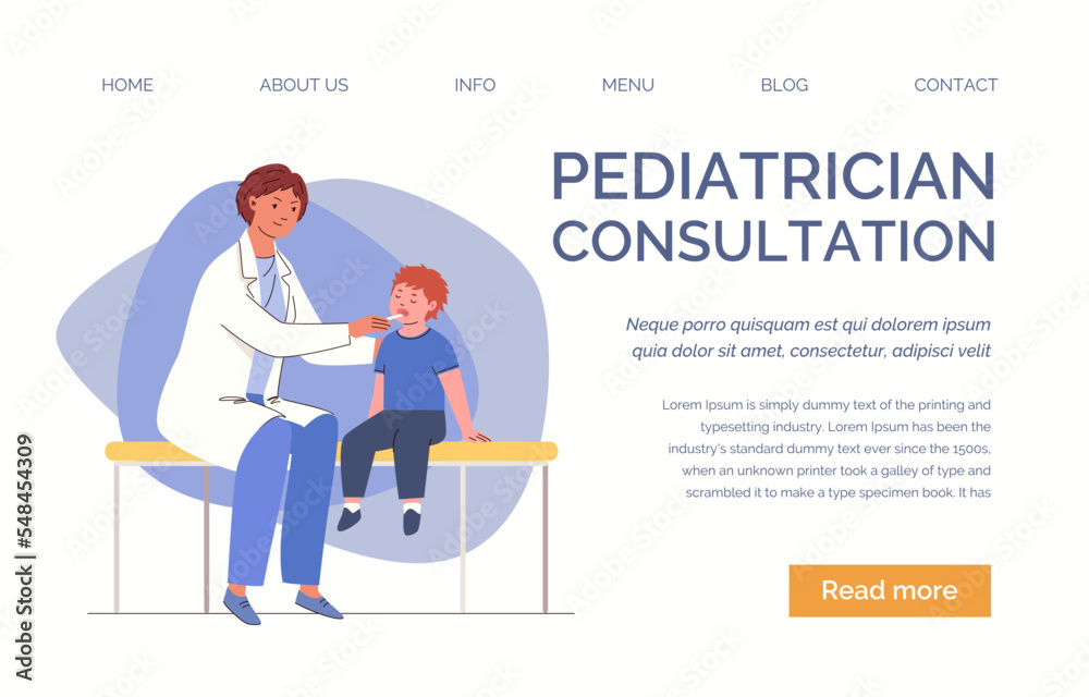 Child on medical examination and consultation of pediatrician in hospital. Vector characters flat cartoon illustration. Landing page template.
