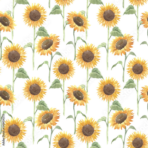 Beautiful vector floral seamless pattern with watercolor hand drawn yellow sunflowers. Stock illustration.