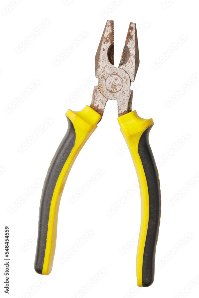 Pair of silver metal pliers with yellow and black grips