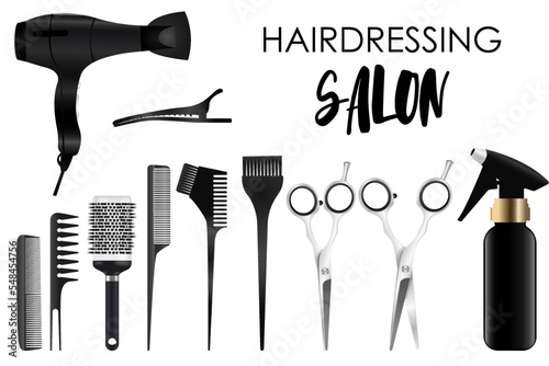 Vector set with realistic hairdressing tools. The concept of a beauty salon and self-care