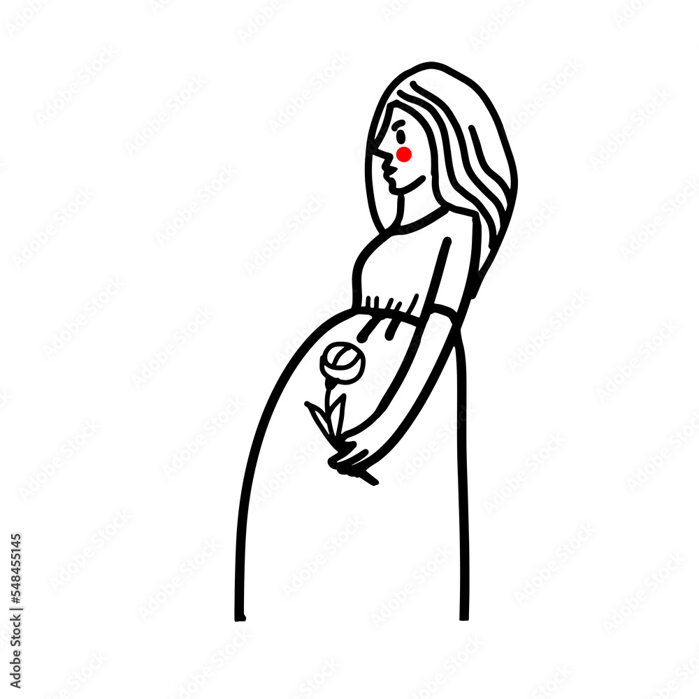 A pregnant woman with a flower in her hand. Hand-drawn doodle illustration. Vector A pregnant woman with a flower in her hand. Hand-drawn doodle illustration. Vector