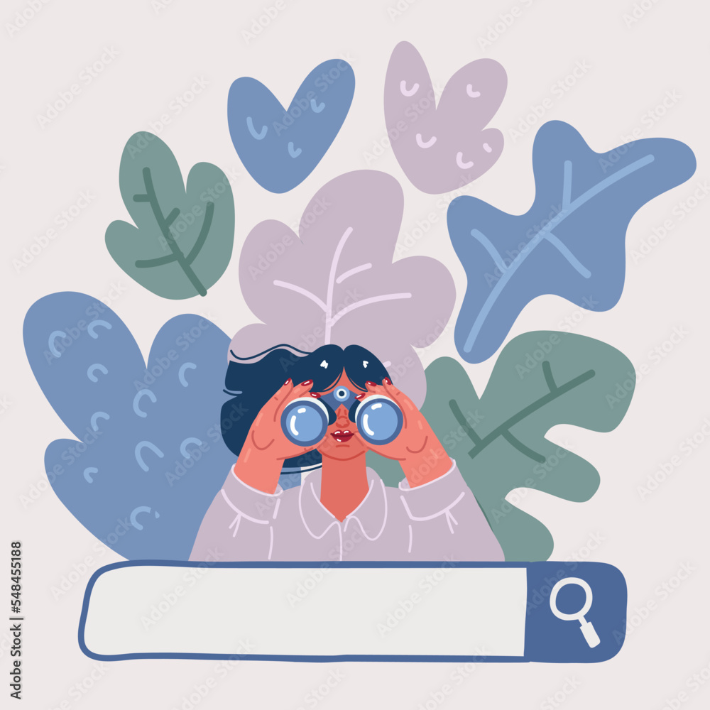 Vector illustration of Search or research concept. The woman with the search bar and looks through binoculars. A woman holds a large magnifying glass. A metaphor for finding solutions for business.