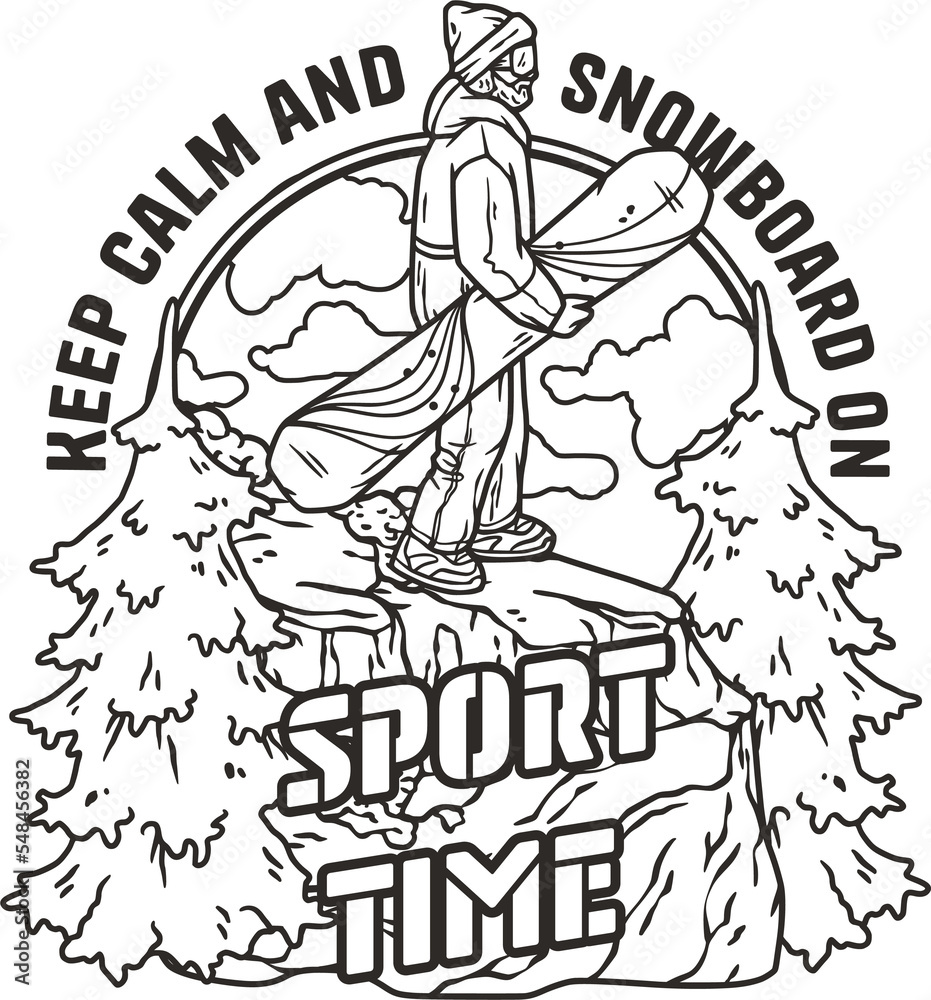 A snowboarder descends a snowy mountain. A winter extreme active sport. Printable print about snowboarding