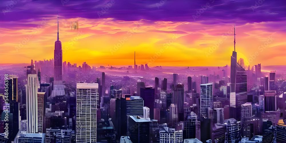 Zeichnung von Downtown Manhattan New York mit dramatischen Abendrot, Gigastadt Panorama