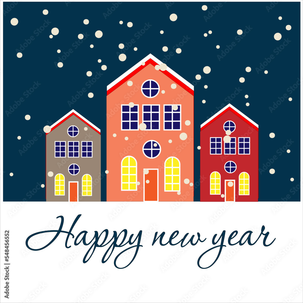 New Year's landscape with houses and snow. Design for postcards, posters, packaging, stickers, etc. Color vector illustration