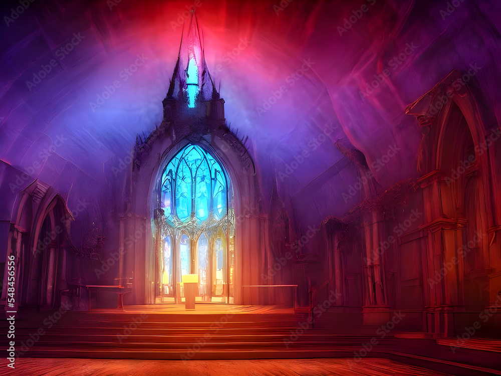 Mystic scary interior of an ancient chapel with red and purple colours