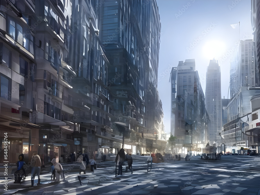 Fototapeta premium Perople walk in modern Downtown with Skyscrapers
