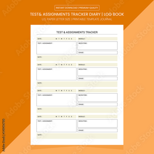 Test & Assignments Tracker | Test & Assignments Diary Journal | Notebook Printable Template