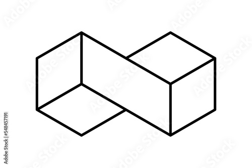 Linear Infinity symbol made of cubes. Geometric rectangular eternal sign. 3D isometric projection. Two cubes connected. Hexagon logo template. Unity connection concept. Vector illustration, clip art  