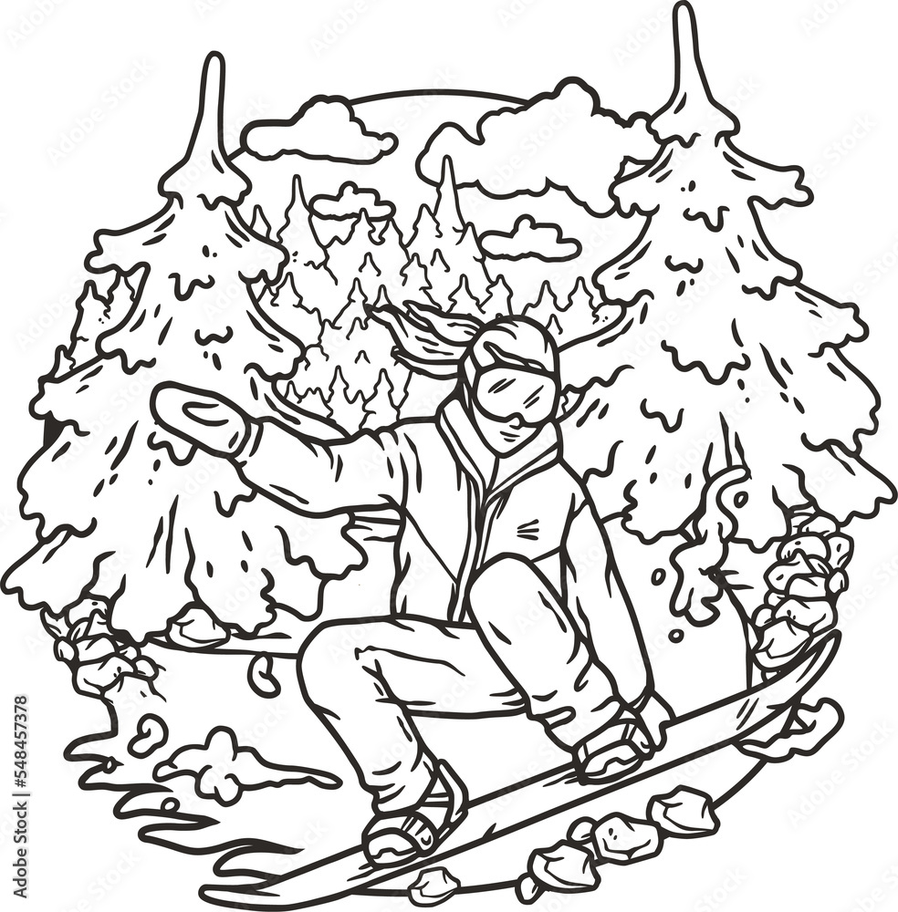 A snowboarder descends a snowy mountain. A winter extreme active sport. Printable print about snowboarding