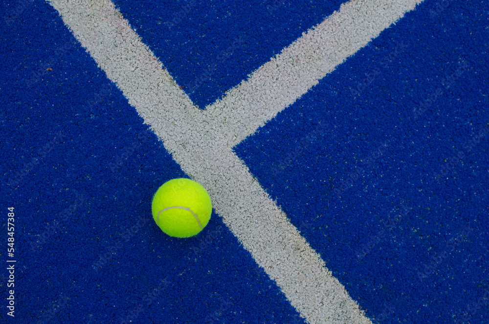 ball next to the line on a blue paddle tennis court